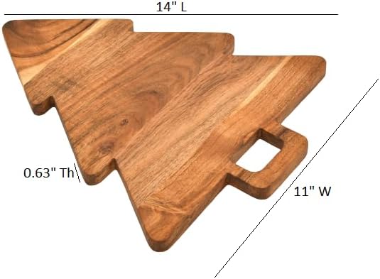Treen Art Wooden Christmas Tree Cutting Board for Kitchen Decor, 14"L x 11"W Tree Shaped Acacia Wood Chopping Board with Handle, Serving Charcuterie Platter