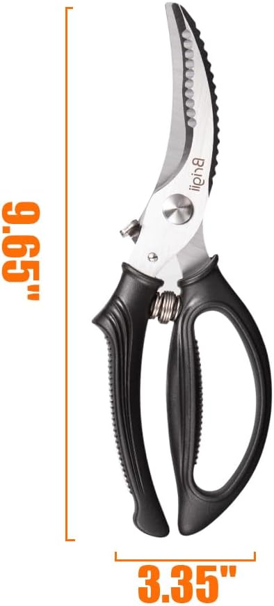 Brigii Spring Loaded Kitchen Shears, Heavy Duty Poultry Shears for Chicken and Turkey, Stainless Steel Kitchen Scissors for Meat, Fish, Seafood & Vegetables, Serrated Edge for Scaling