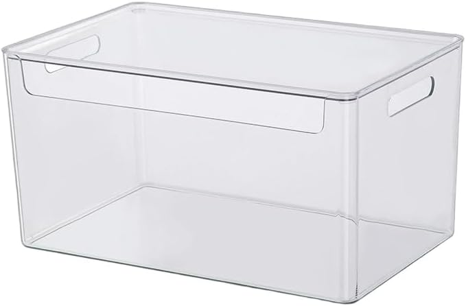 Transparent plastic storage box with lid and handle, stackable kitchen organizer for refrigerator, cabinet, pantry, bathroom, and office (Transparent color (with lid), XL)