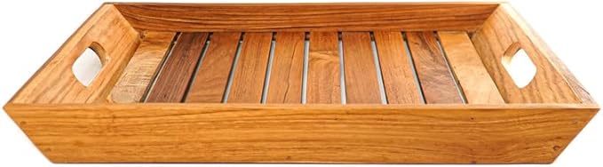 Rainforest Bowls 16"x12" Rectangular Javanese Teak Wood Serving Tray w/Handles- Ultra-Durable, Perfect for Breakfast in Bed, Coffee/Tea, etc- Luxury Custom Design Handcrafted by Indonesian Artisans