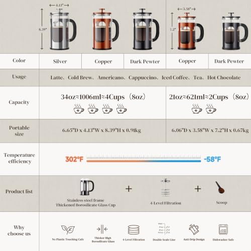 Veken French Press Coffee Maker,No Plastic Touching Cafe,34oz 1L Cafetera,Heat Resistant Thickened Borosilicate Glass Stainless Steel Pot for Kitchen,Travel,Camping,Tea, Gifts, Dark Pewter (Pack of 2)