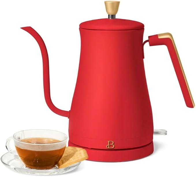 Beautiful Electric Gooseneck Kettle, 1 Liter, 1200W, Stainless Steel Interior, Fast Boil, Precision Pour Spout, Auto Shut-Off & Boil-Dry Protection (Red)