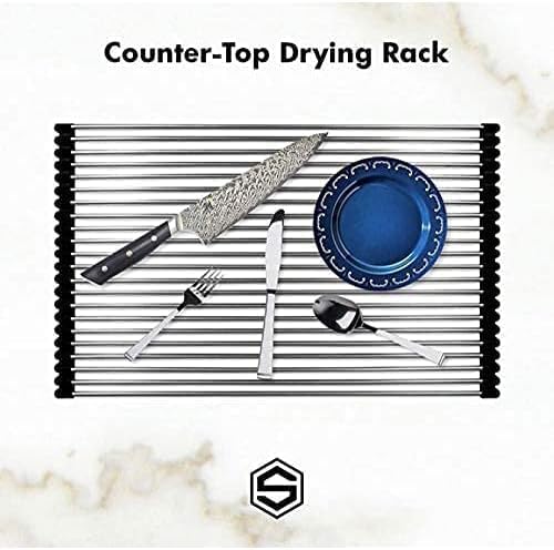 Strictly Sinks Stainless Steel Roll Up Dish Drying Rack – Black 17 Inch Over The Sink Drying Rack Ideal for Workstation Sinks Only – Multipurpose Foldable Kitchen Dish Rack (17-3/8″ x 13″ x 3/8″)
