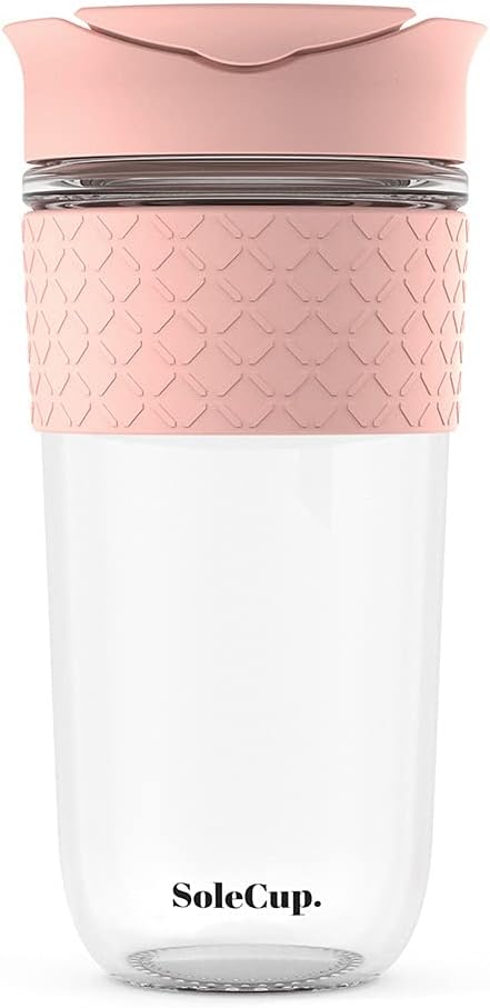 Large Travel Mug - Reusable Glass Coffee Mug - 18oz/530ml BPA-Free Hot Drink Travel Mug with Lid & Silicone Band (Pink, 18oz)