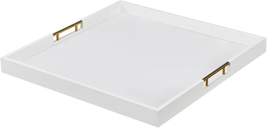 18×20 Inches White Faux Leather Coffee Serving Tray Decorative Ottoman Trays with Gold Metal Handles Decor for Living Room Rectangle Large Bed Breakfast Organizer for All Occasions Multipurpose Using