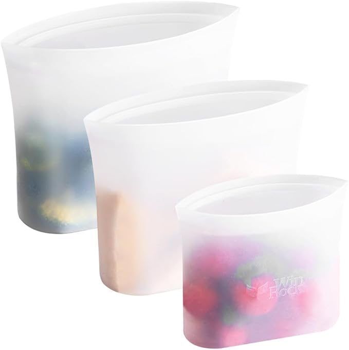 Winrock Reusable 100% Silicone Food Storage Bags, Sandwich Snack Bags New Generation Stand Up Zip Container for Soup and Leftovers, Plastice & BPA Free, Microwave Oven Safe 3 Pack (51oz, 34oz, 17oz)