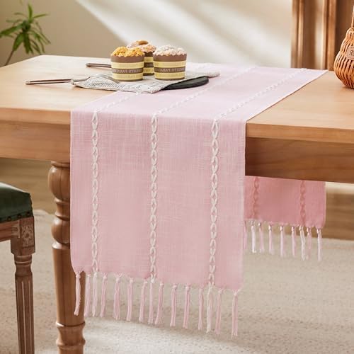 Braided Farmhouse Table Runner,Braided Pink 13x90 Inch, Cotton Linen Table Runners 90 Inches Long, Embroidered Striped Pink Boho Table Runner Rustic Home Decor