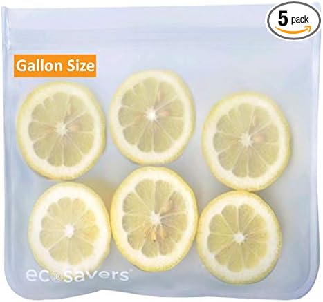 Ecosavers Reusable Food Bag, Large, FDA-Food Grade PEVA, Gallon Storage Size, 5-Pack, Clear