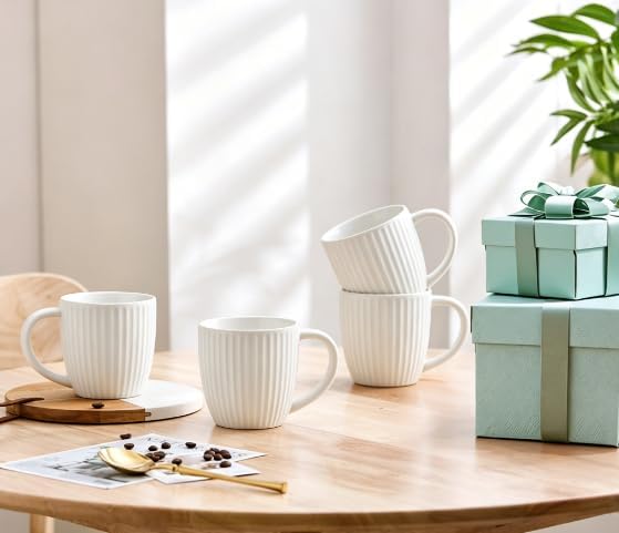 Embossed Ceramic Coffee Mug Set of 4-14 oz Vertical Striped Texture Tea Cups, White Porcelain Mugs with Large Handle for Latte, Cappuccino, Milk, Microwave & Dishwasher Safe