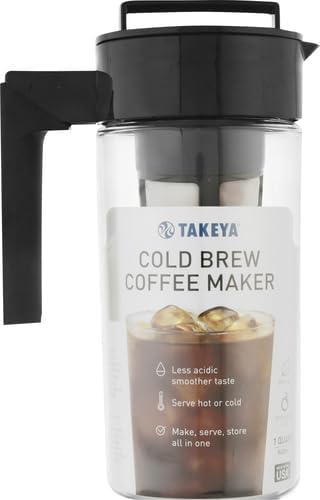 Takeya Deluxe Cold Brew Coffee Maker-BPA-Free Tritan Pitcher with Airtight Leakproof Lid,Silicone Grip Handle, Fine-Mesh Filter-Shatter-Proof, Dishwasher Safe, Made in USA-1 Quart/Black (Pack of 4)