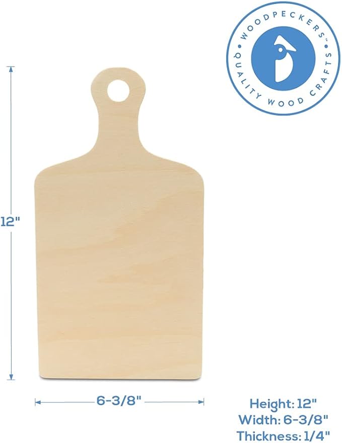 Wooden Cutting Board Shapes, 12" with Handle, Pack of 25 Wooden Cutting Boards by Woodpeckers, for Kitchen, Decor, and Charcuterie Boards
