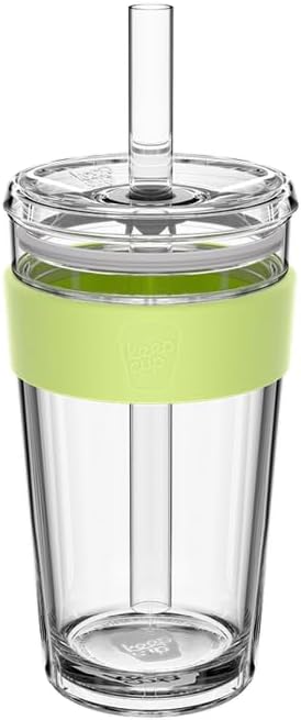 KeepCup Cold Cup - Longplay Double wall Glass Ice Coffee Tumbler with Lid and Straw - 16oz (454ml) - Chartreuse Green