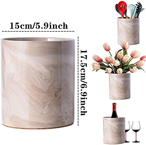 Yundu Porcelain Brown Marble Utensil Crock, Kitchen Utensil Holder for Countertop, 7″ Large Size for Storage,Table-Protection Cork Mat