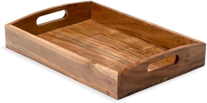 Acacia Wood Serving Tray - 12 Inch Wooden Tray with Natural Food-Safe PU Coating, Brown