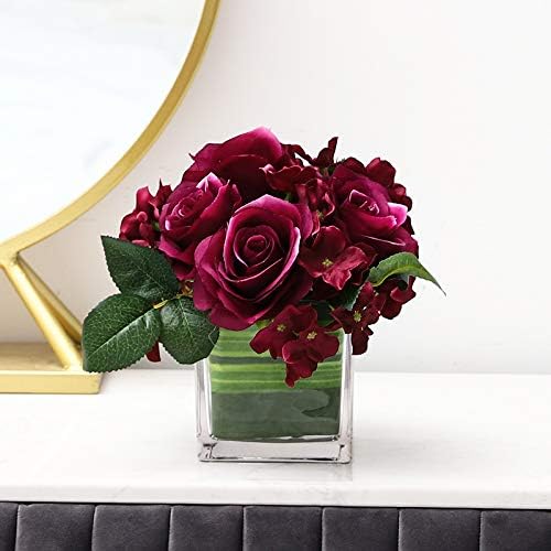 Fule Artificial Silk Rose Flower Centerpiece Arrangement in vase for Home Wedding Decoration (Dark Purple)