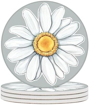 Ceramic Coasters Set of 4 Absorbent Stone Drink Coasters with Holder,Non-Slip Cork Backing,White Daisy Coasters for Coffee Table,Desk & Home Decor