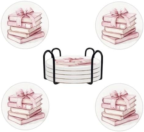 Ceramic Coasters Set of 4 Absorbent Stone Drink Coasters with Holder,Non-Slip Cork Backing,Pink Books Coasters for Coffee Table,Desk & Home Decor