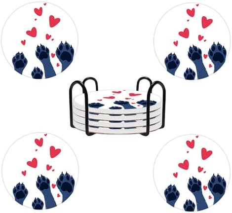 Ceramic Coasters Set of 4 Absorbent Stone Drink Coasters with Holder,Non-Slip Cork Backing,Heart Animal Claws Coasters for Coffee Table,Desk & Home Decor