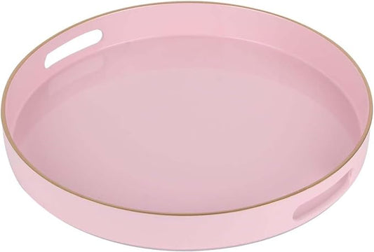 Pink Decorative Tray,Elegant Round Plastic Serving Tray with Handles,Round Ottoman Trays Coffee Table Trays for Living Room,Home Decor 13"