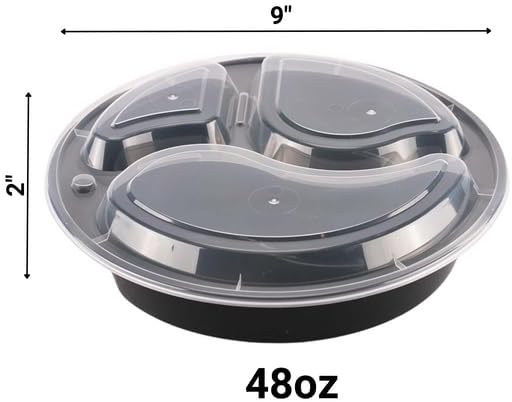 48oz - 3 Compartment - Disposable Black Bento Box with Clear Dome Lids - Round Plastic Meal Containers - Reusable Box : Perfect For Salad, Meal Prep and Fruits : Set of 100