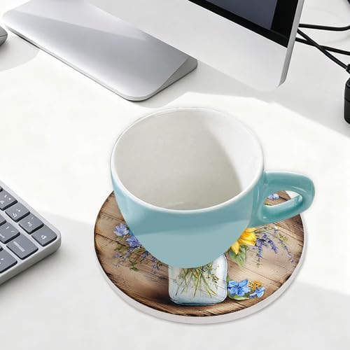 Retro Flower Coasters Set of 6, 4inch Coasters for Drinks Absorbent Stone with Holder Floral Decorations Ceramic Drink Coaster for Tabletop Protection, Coffee Table Decor for Home Decor