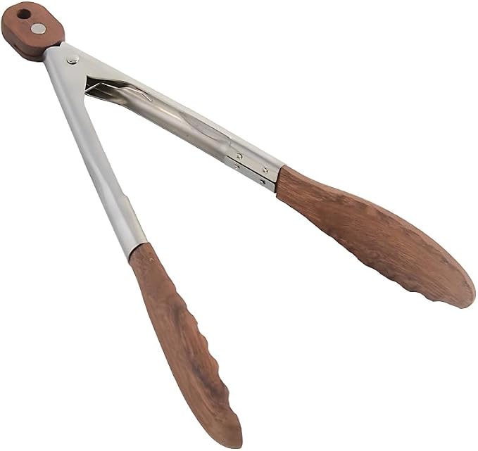 Walnut Wooden Kitchen Cooking Tongs with Hanging Hole and Wooden Tips, Heat Resistant, Anti-Slip, for Serving Food, Grilling, Cooking, BBQ and Tossing Salad, Stainless Steel, 12 Inch
