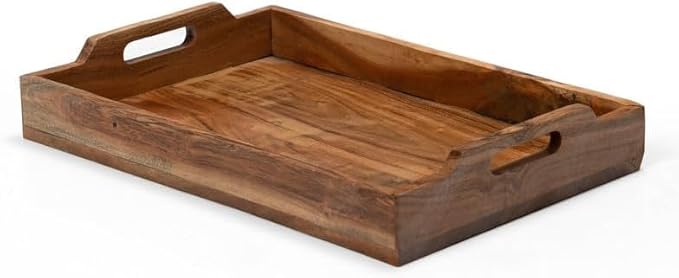 Acacia Wood Serving Tray - 12 Inch Brown Wooden Tray with Natural PU Coating for Kitchen and Dining