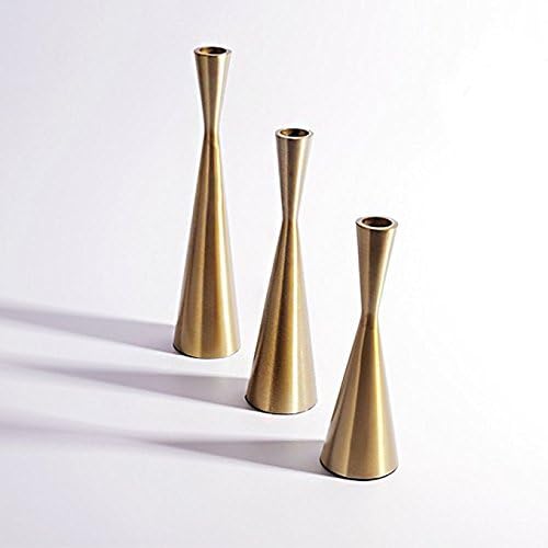 Set of 3 Brass Gold Metal Taper Candle Holders Candlestick Holders, Vintage & Modern Decorative Centerpiece Candlestick Holders for Table Mantel Wedding Housewarming (Brass Golden, S+M+L/Set)