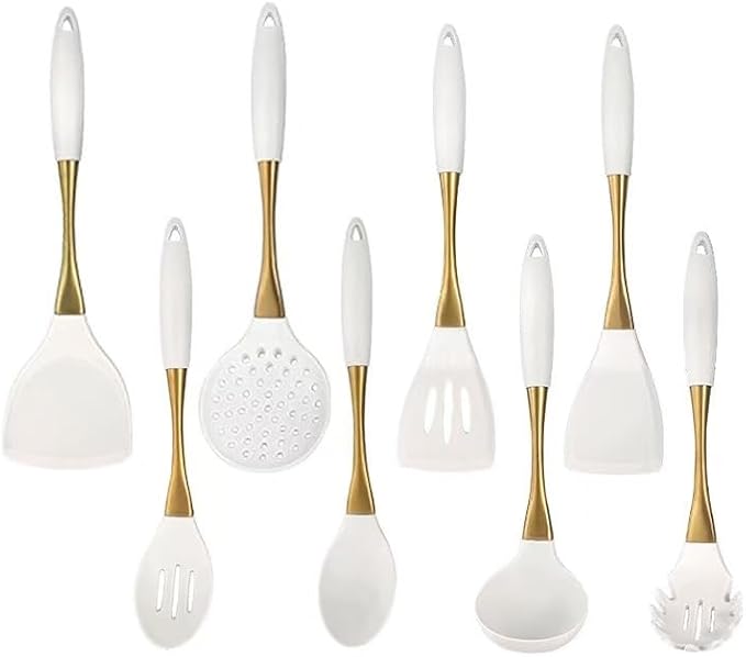8-Piece Silicone Kitchen Utensil Set, White and Gold, Heat Resistant Cooking Tools with Comfort Handles- Includes Spatula & Spoon for Nonstick Cookware (Elegant White & Gold)