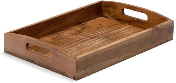 Acacia Wood Serving Tray - 12 Inch Wooden Tray with Natural Food-Safe PU Coating, Brown