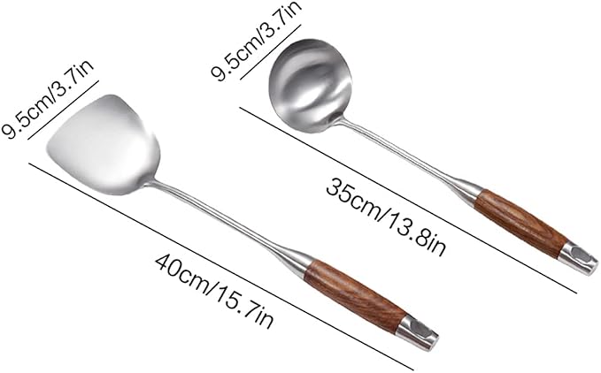 Wok Spatula & Ladle Tool Set, AOOSY 304 Stainless Steel Cooking Utensils, Wooden Handle Wok Utensils Soup Ladle, 15 Inches, Set of 2