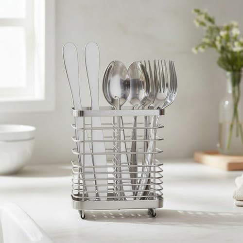 Kitchen Utensil Drying Rack, 18/8 Stainless Steel Chopsticks Spoon Fork Knife Basket Flatware Storage Drainer, Cutlery Holder for Kitchen Counter （6.1x2.95x6.5 inch）