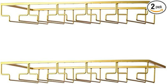 FOMANSH Wine Glass Rack - Under Cabinet Stemware Wine Glass Holder Glasses Storage Hanger 2 Pack Metal Organizer for Bar Kitchen 5 Rows Gold