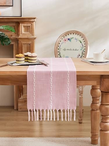 Braided Farmhouse Table Runner,Braided Pink 13x90 Inch, Cotton Linen Table Runners 90 Inches Long, Embroidered Striped Pink Boho Table Runner Rustic Home Decor