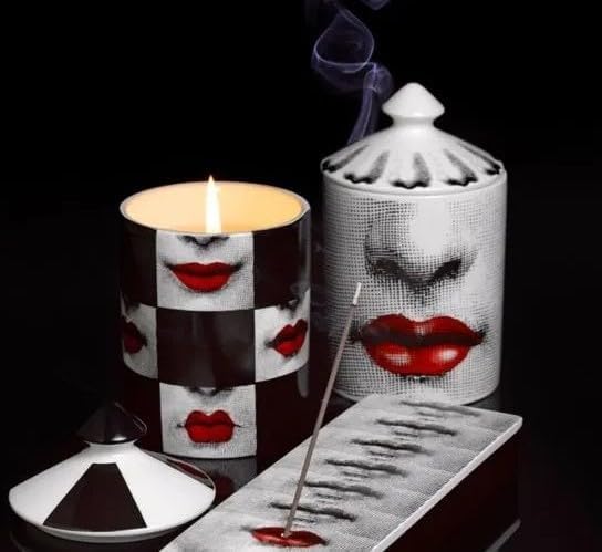 Decorative Candle Holder Handcrafted Aromatherapy Candle Jar Italian Designer Décor Fashionable Tabletop Vase Modern Art Female Face Eyes Lips Centerpiece. (Red Lips Black Squares)