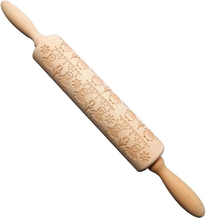 DECHOUS Easter Embossed Rolling Pin 13.78 Inch Chicken Flower Pattern Wooden Dough Roller for Baking - Home Kitchen Essential Rolling Pin for Cookie Dough Pastry Pizza Fondant