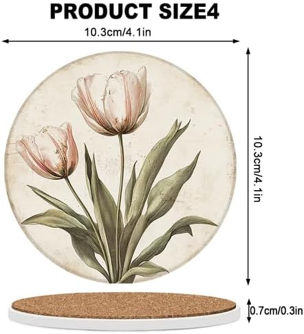Ceramic Coasters Set of 6 Absorbent Stone Drink Coasters with Holder,Non-Slip Cork Backing,Retro Tulip Coasters for Coffee Table,Desk & Home Decor