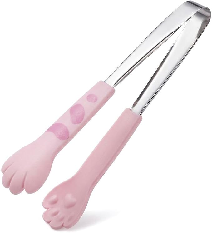 Kitchen Cooking Tongs – Cute Paw Shape Stainless Steel Salad Tongs for Cooking and Barbecue, Food Serving Utensil with Non-Slip Grip(Pink Small)