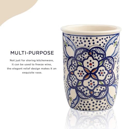 Ceramic Utensil Holder for Kitchen Counter, African Art Ceramic Crock, Kitchen Utensil Holder Countertop Decor, Cooking Spoon & Cutlery Utensils Organizer, Spatula & Ladle Canister, 5.25"Dia. x 7"H