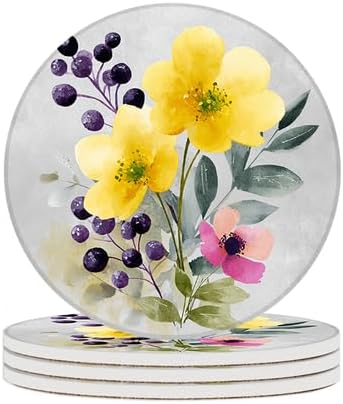 Ceramic Coasters Set of 4 Absorbent Stone Drink Coasters with Holder,Non-Slip Cork Backing,Yellow Flowers Coasters for Coffee Table,Desk & Home Decor