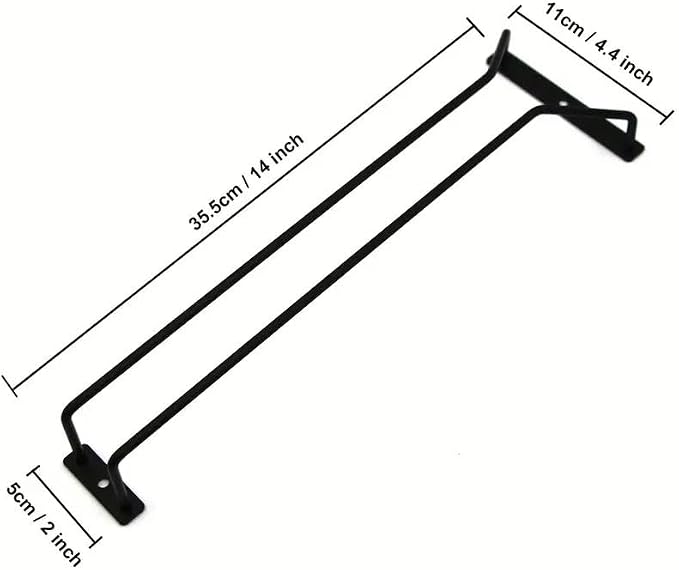 2 Pack Black Wine Glass Rack, 14 Inch Under Cabinet Stemware Holder, Wall Mounted Iron Wine Glass Hanging Rack for Shelf, Kitchen, Bar, Wine Cellar Storage, Organizer, Display