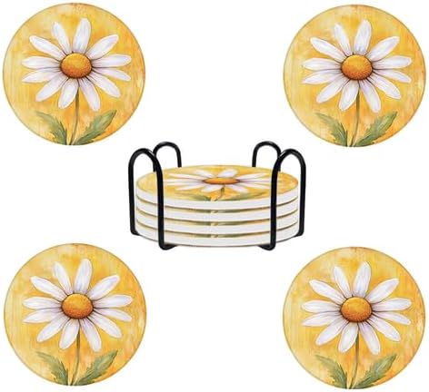 Ceramic Coasters Set of 4 Absorbent Stone Drink Coasters with Holder,Non-Slip Cork Backing,Beautiful Daisy Coasters for Coffee Table,Desk & Home Decor