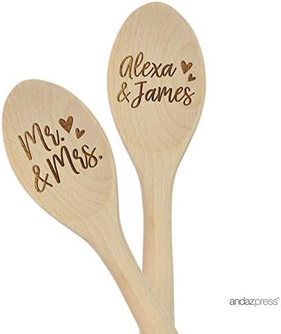 Andaz Press Personalized Laser Engraved Wooden Mixing Spoon, 12-inch, Mr. & Mrs., Alexa & James, 2-Pack, Custom Name, Wood Wedding, Anniversary, Bridal Shower, Bachelorette Gift Ideas