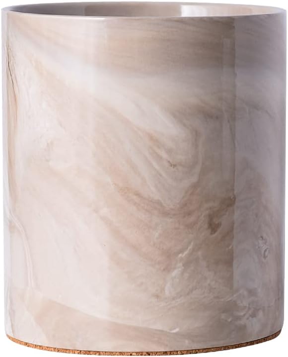 Yundu Porcelain Brown Marble Utensil Crock, Kitchen Utensil Holder for Countertop, 7″ Large Size for Storage,Table-Protection Cork Mat