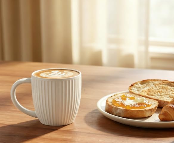Embossed Ceramic Coffee Mug Set of 4-14 oz Vertical Striped Texture Tea Cups, White Porcelain Mugs with Large Handle for Latte, Cappuccino, Milk, Microwave & Dishwasher Safe