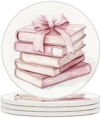 Ceramic Coasters Set of 4 Absorbent Stone Drink Coasters with Holder,Non-Slip Cork Backing,Pink Books Coasters for Coffee Table,Desk & Home Decor