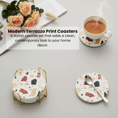 Terrazzo Coasters Set of 6, Ceramic Absorbent Drink Coasters, Cute Mid Century Boho Coaster, Coffee Table Desk Decor, Colorful Stone Coaster for Drinks