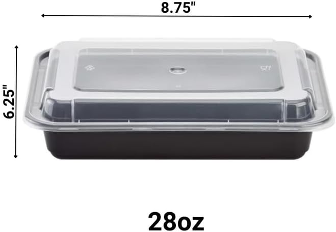 28oz Disposable Black Meal Prep/Bento Box with Clear Dome Lids - Rectangular Plastic Meal Containers - Leak Proof and Reusable Box : Perfect For Salad, Meal Prep and Fruits : Set of 50
