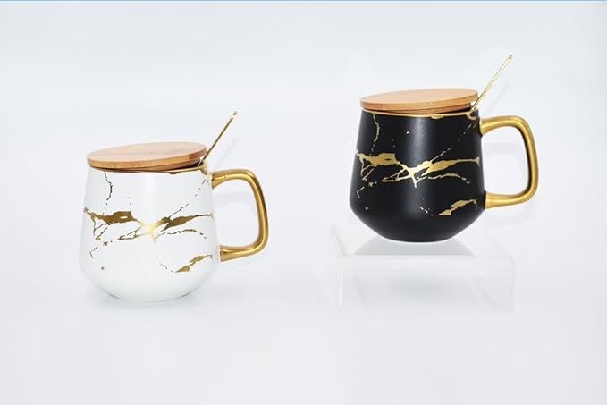 Classic Ceramic Kintsugi Style Coffee Tea Mug with Gold Inlay, Spoon and Bamboo Lid- 12 OZ, Set of 2- Large Mugs, Unique Design, Perfect Novelty Gift- Dishwasher Safe