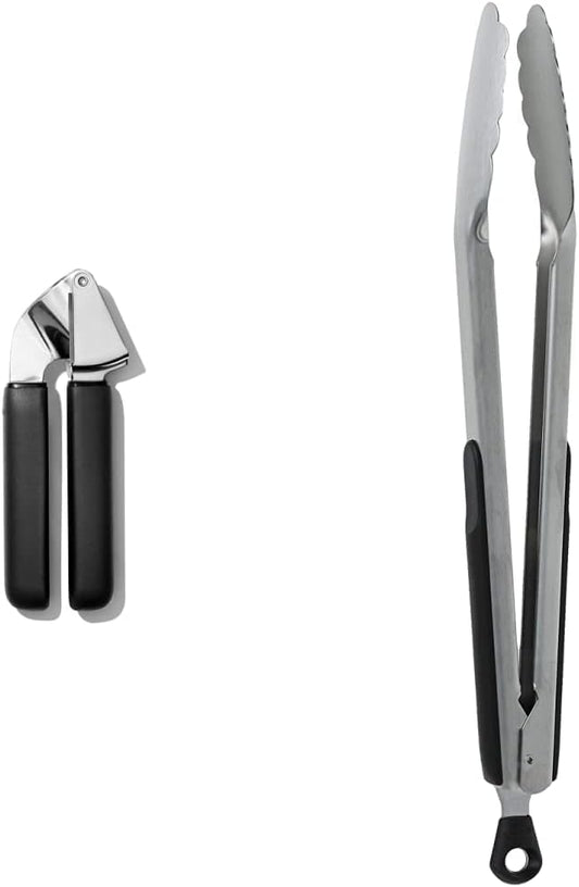 OXO Good Grips Garlic Press + 12-Inch Stainless Steel Locking Tongs Bundle